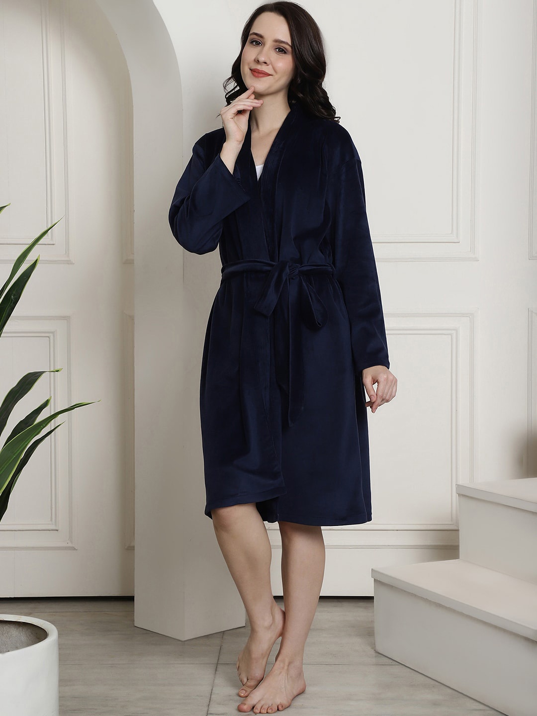 

Secret Wish V-Neck Belt loop Knee Length Robe, Navy blue