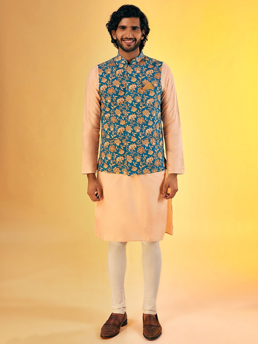

KISAH Pure Cotton Straight Kurta With Churidar & Nehru Jacket, Blue