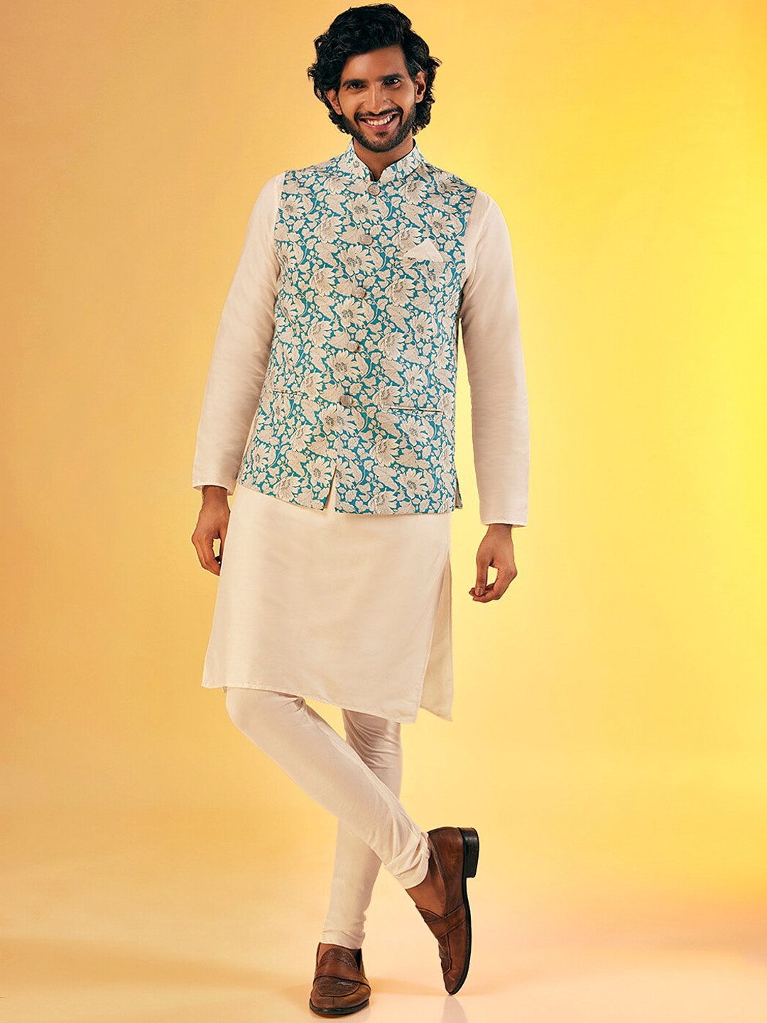 

KISAH Mandarin Collar Pure Cotton Straight Kurta & Churidar With Nehru jacket, Cream