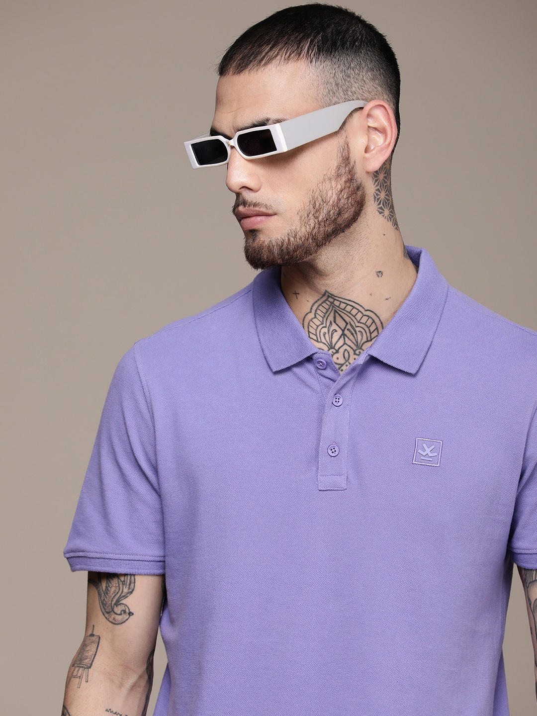 

WROGN Solid Pure Cotton Slim Fit Polo Collar Casual T-shirt, Lavender