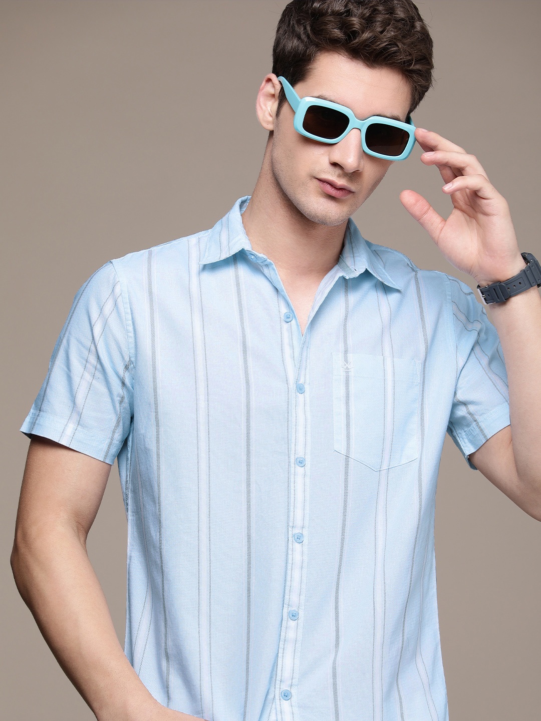 

WROGN Pure Cotton Slim Fit Striped Casual Shirt, Blue