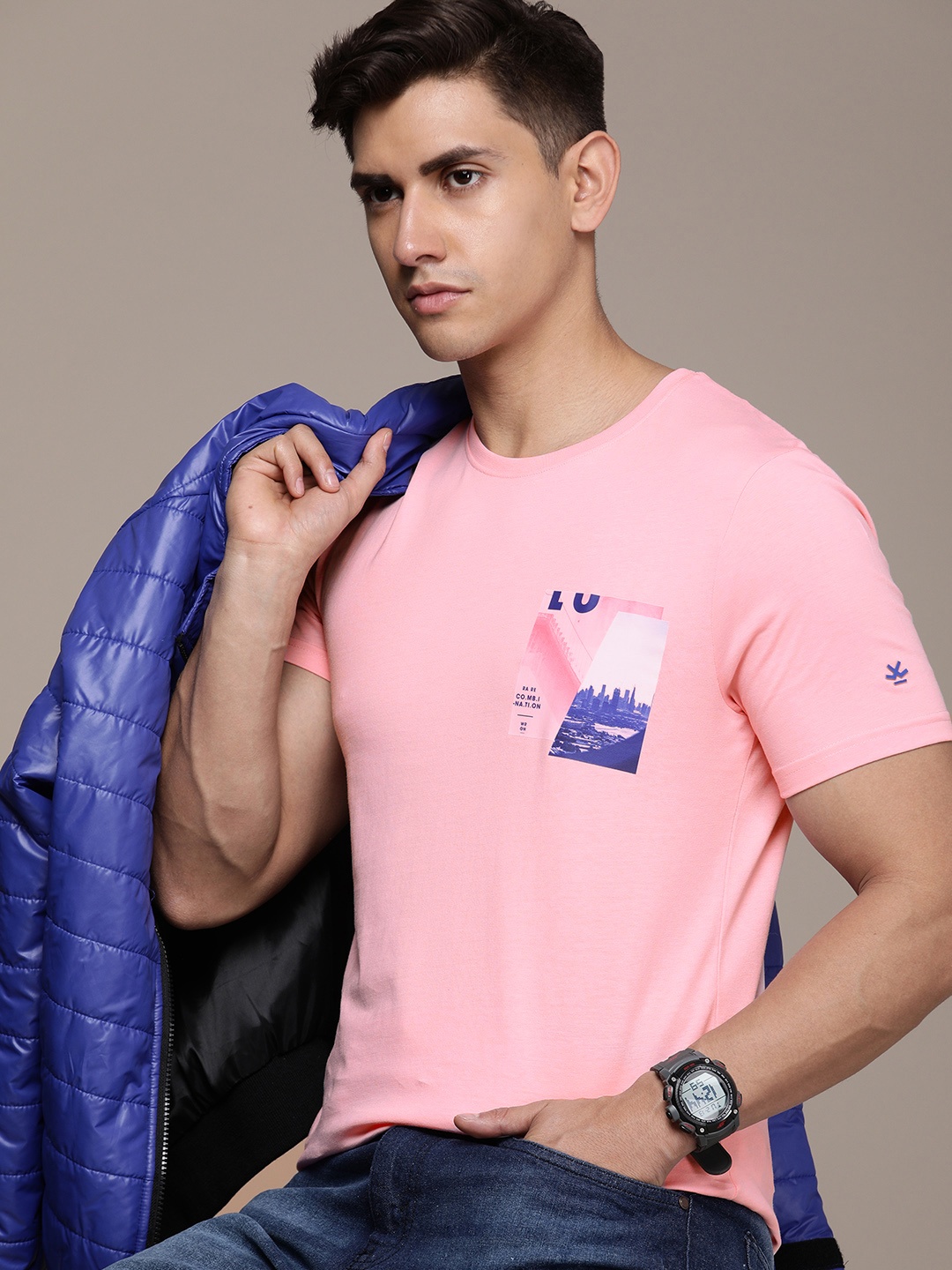 

WROGN Printed Pure Cotton Slim Fit T-shirt, Pink
