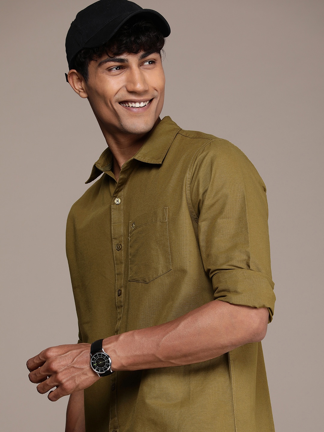 

WROGN Pure Cotton Slim Fit Opaque Casual Shirt, Khaki