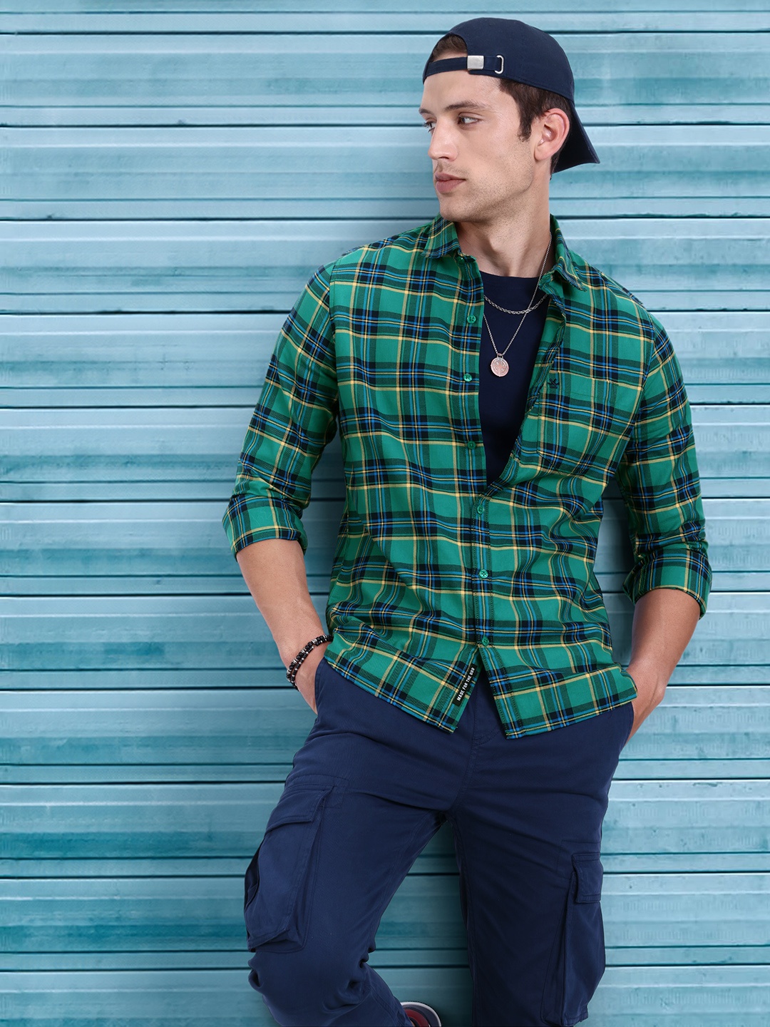 

WROGN Slim Fit Checked Pure Cotton Casual Shirt, Green