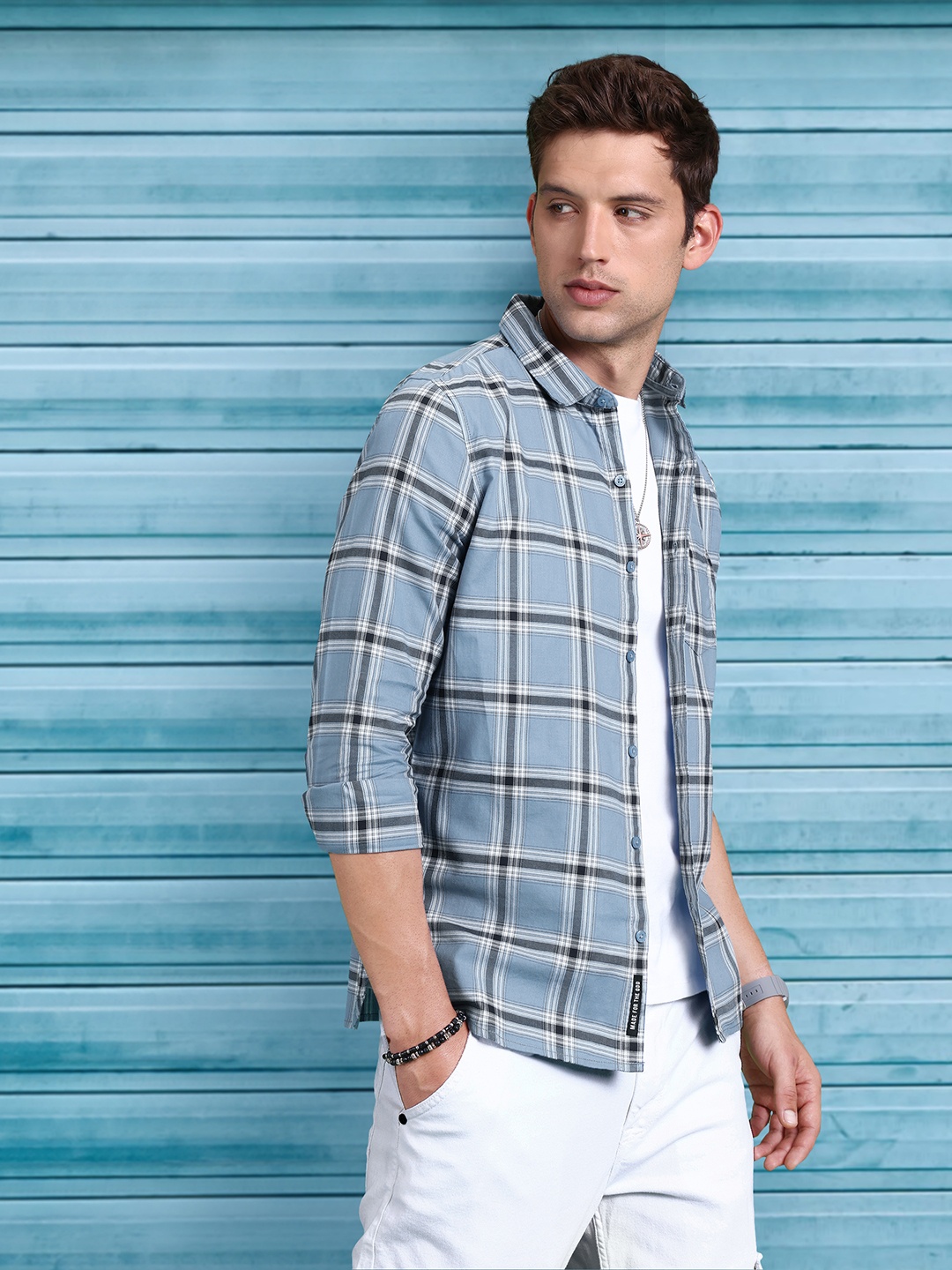 

WROGN Slim Fit Checked Pure Cotton Casual Shirt, Blue