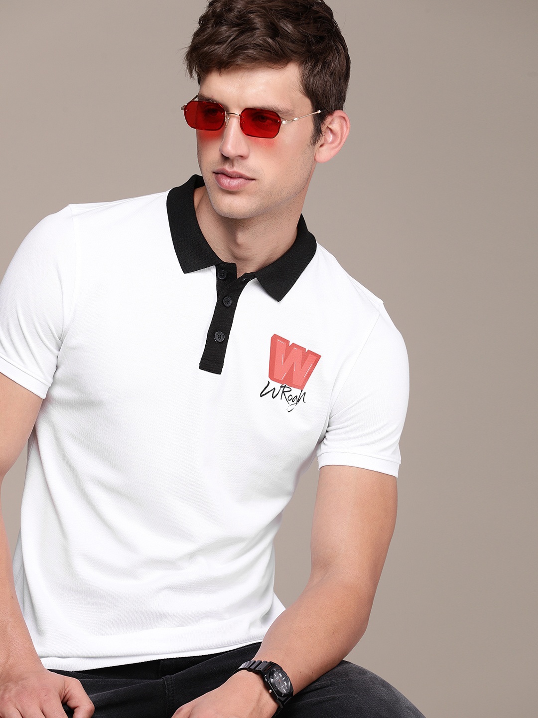 

WROGN Brand Logo Printed Polo Collar Slim Fit T-shirt, White