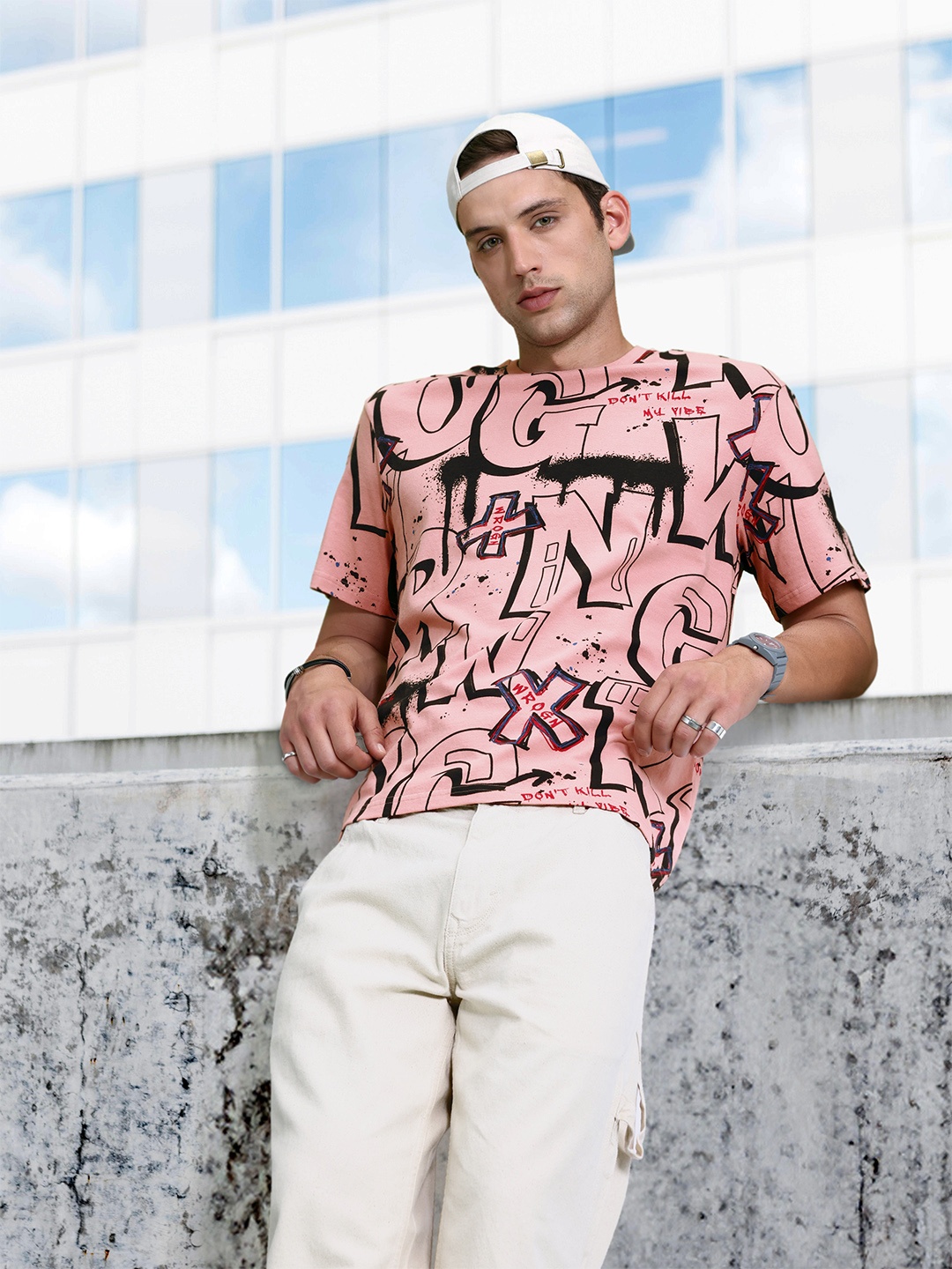 

WROGN Printed Pure Cotton T-shirt, Pink