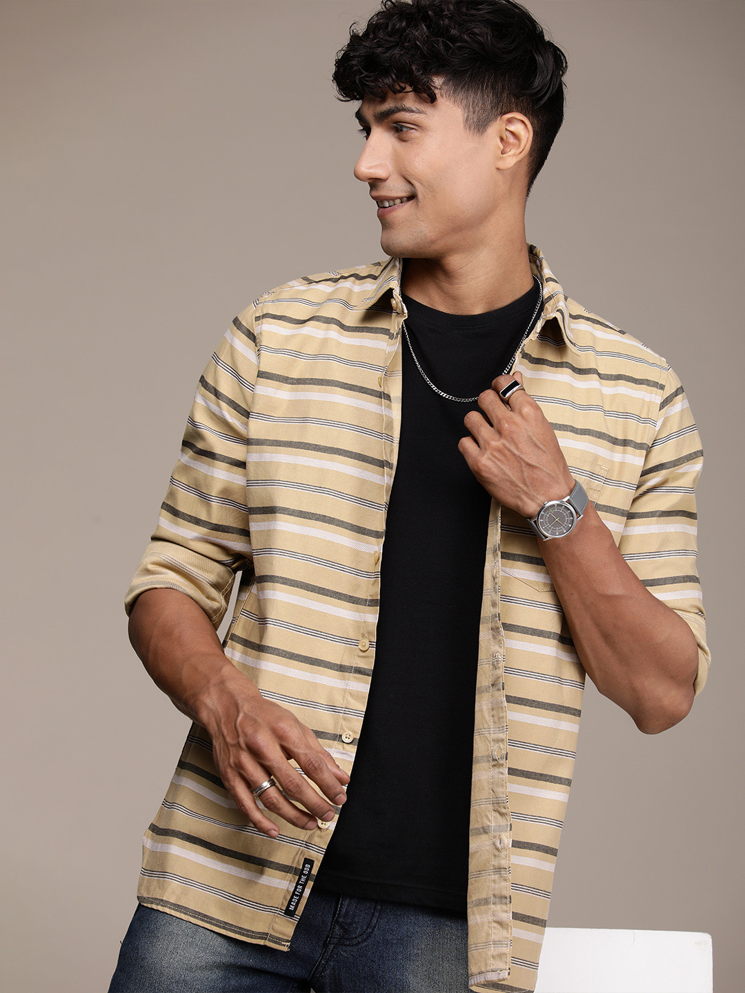 

WROGN Slim Fit Horizontal Striped Pure Cotton Casual Shirt, Beige