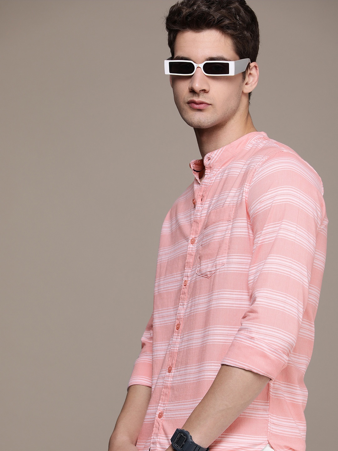 

WROGN Pure Cotton Slim Fit Striped Casual Shirt, Pink