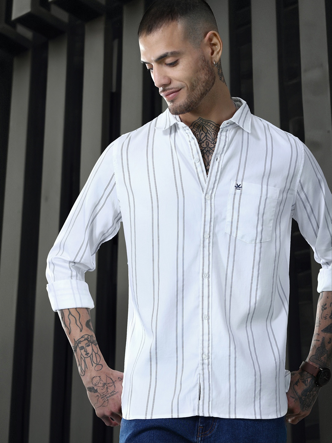 

WROGN Slim Fit Striped Casual Shirt, White
