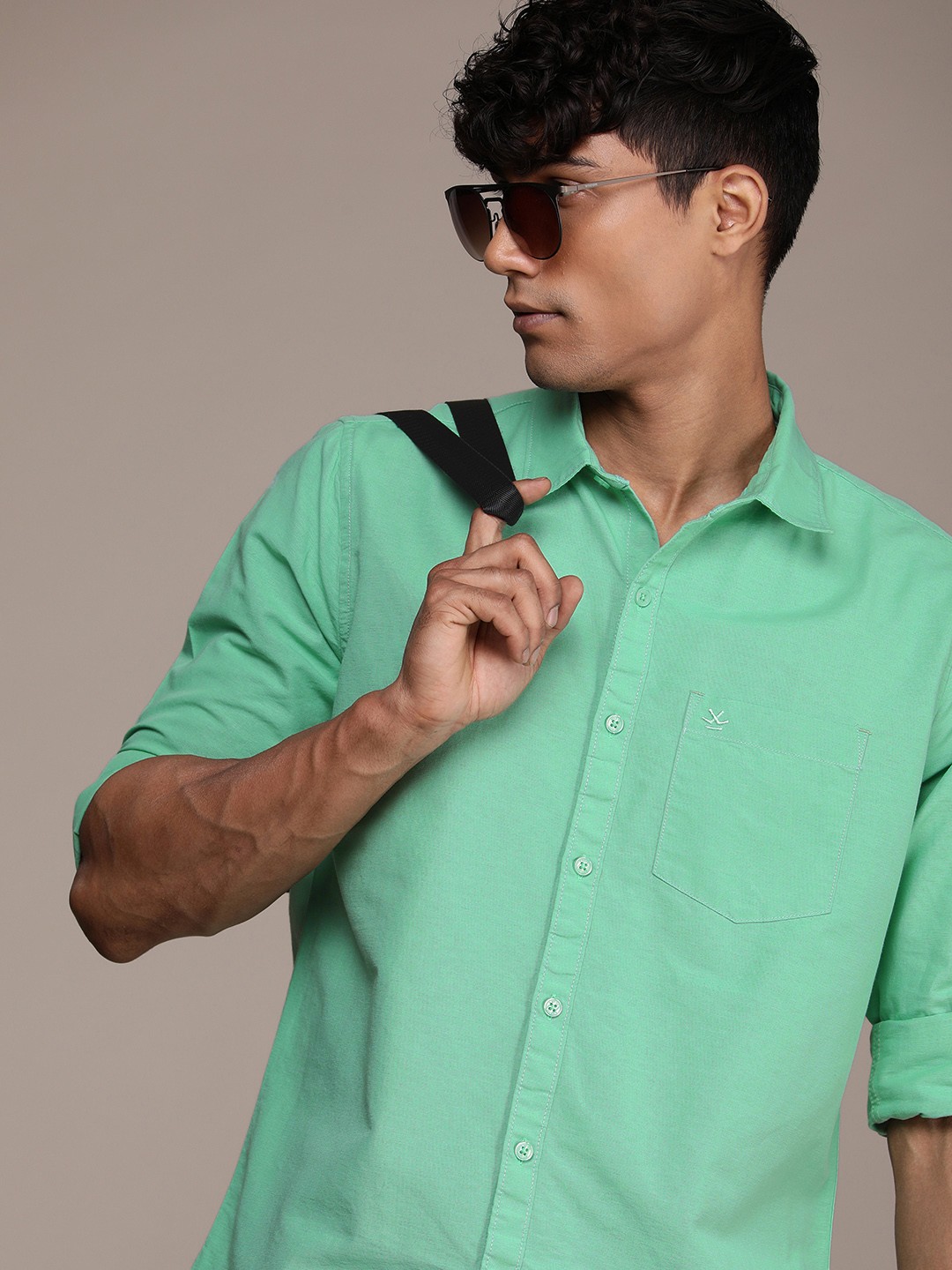

WROGN Men Pure Cotton Slim Fit Casual Shirt, Green