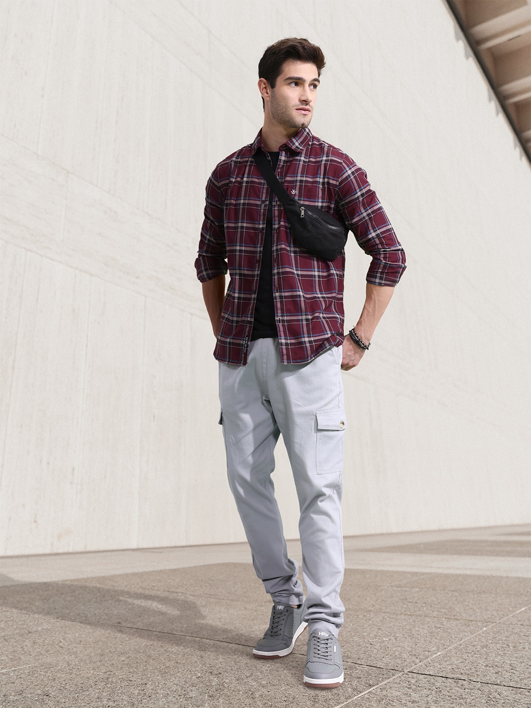 

WROGN Men Pure Cotton Slim Fit Tartan Checked Casual Shirt, Burgundy