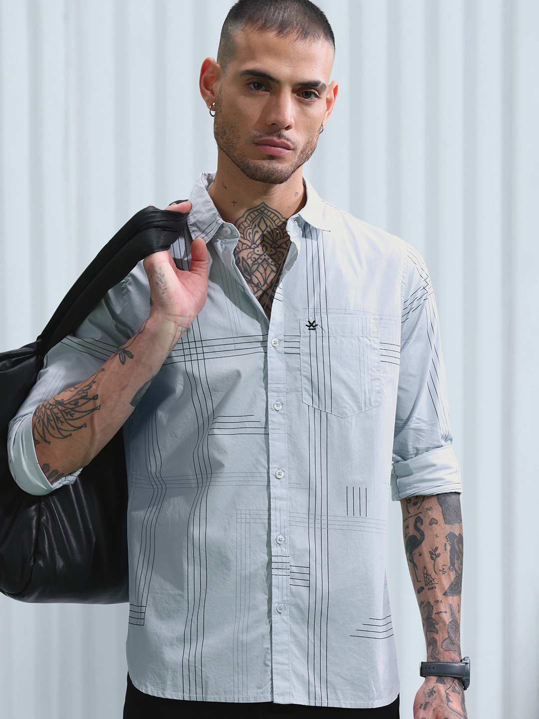 

WROGN Slim Fit Opaque Printed Pure Cotton Casual Shirt, Grey