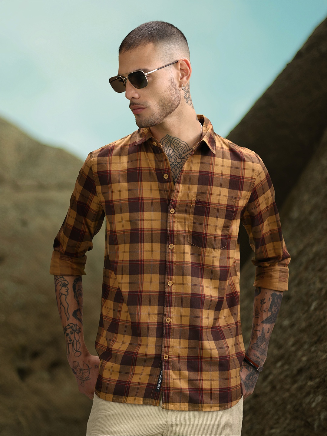 

WROGN Slim Fit Opaque Checked Pure Cotton Casual Shirt, Brown
