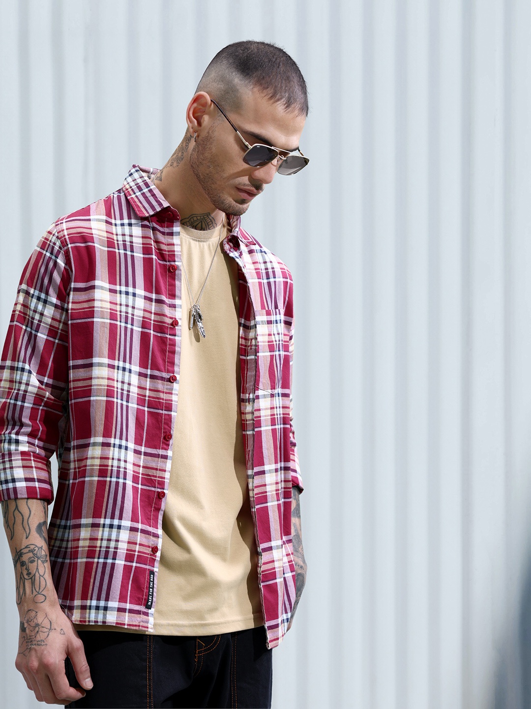 

WROGN Slim Fit Opaque Checked Pure Cotton Casual Shirt, Maroon