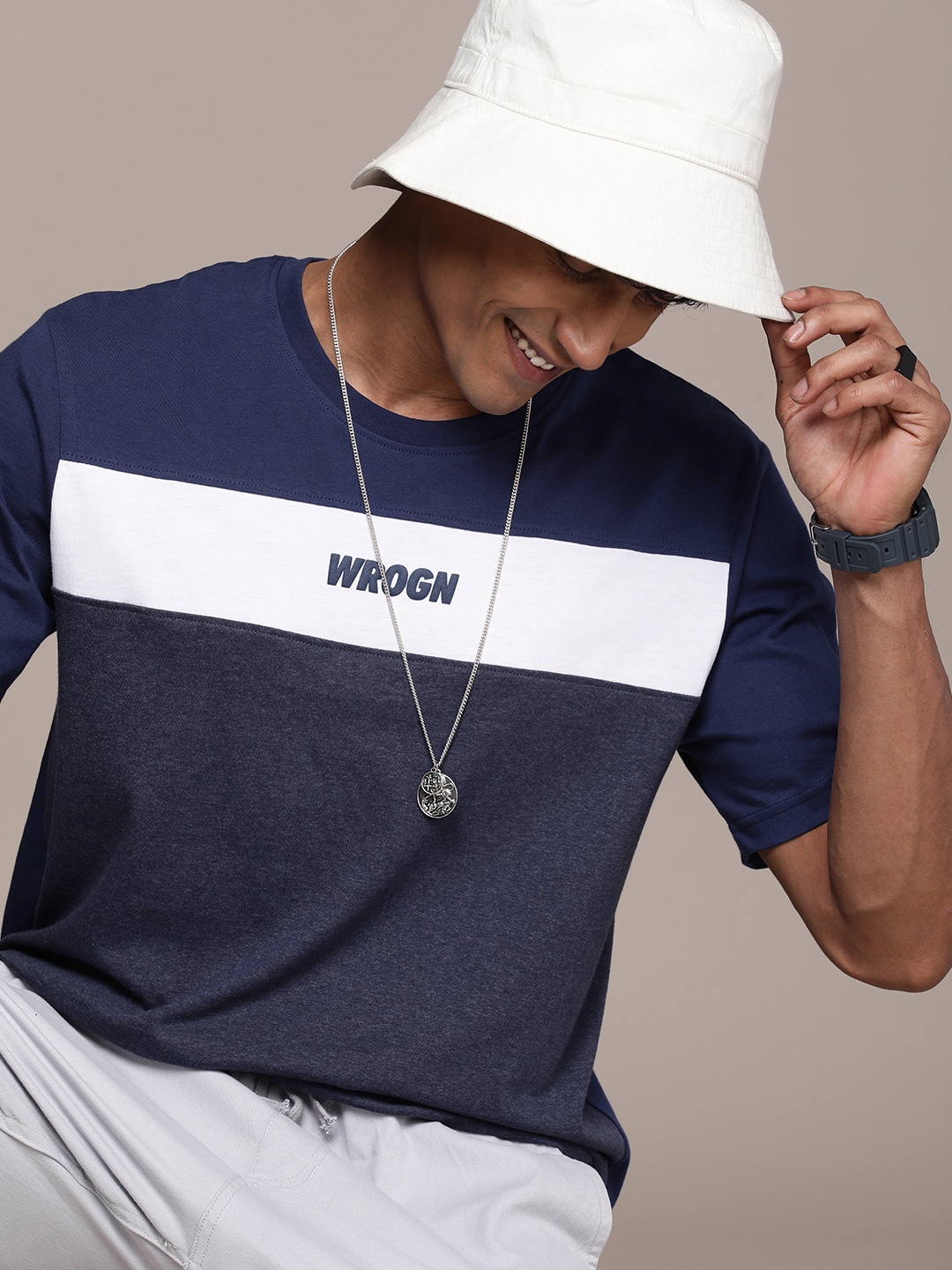 

WROGN Brand Logo Striped Pure Cotton T-shirt, Navy blue