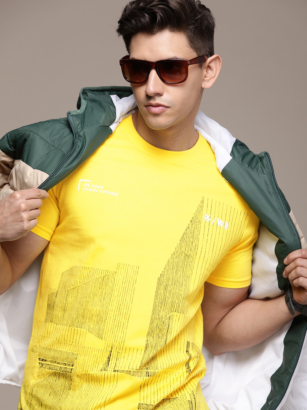 

WROGN Pure Cotton Geometric Printed Slim Fit T-shirt, Yellow