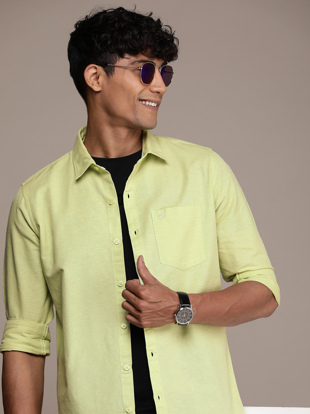 

WROGN Men Pure Cotton Slim Fit Casual Shirt, Yellow