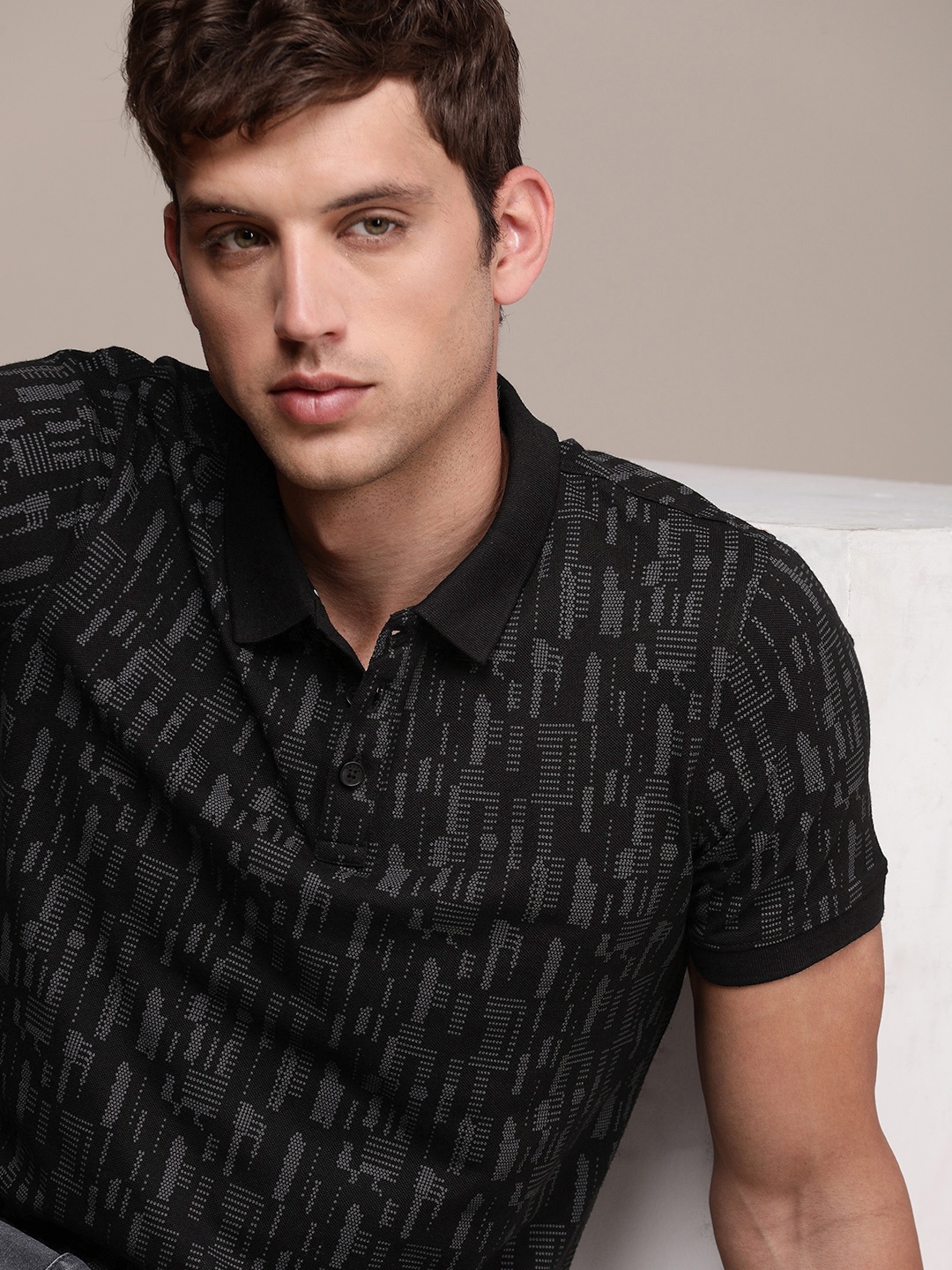 

WROGN Abstract Printed Polo Collar Slim Fit T-shirt, Black