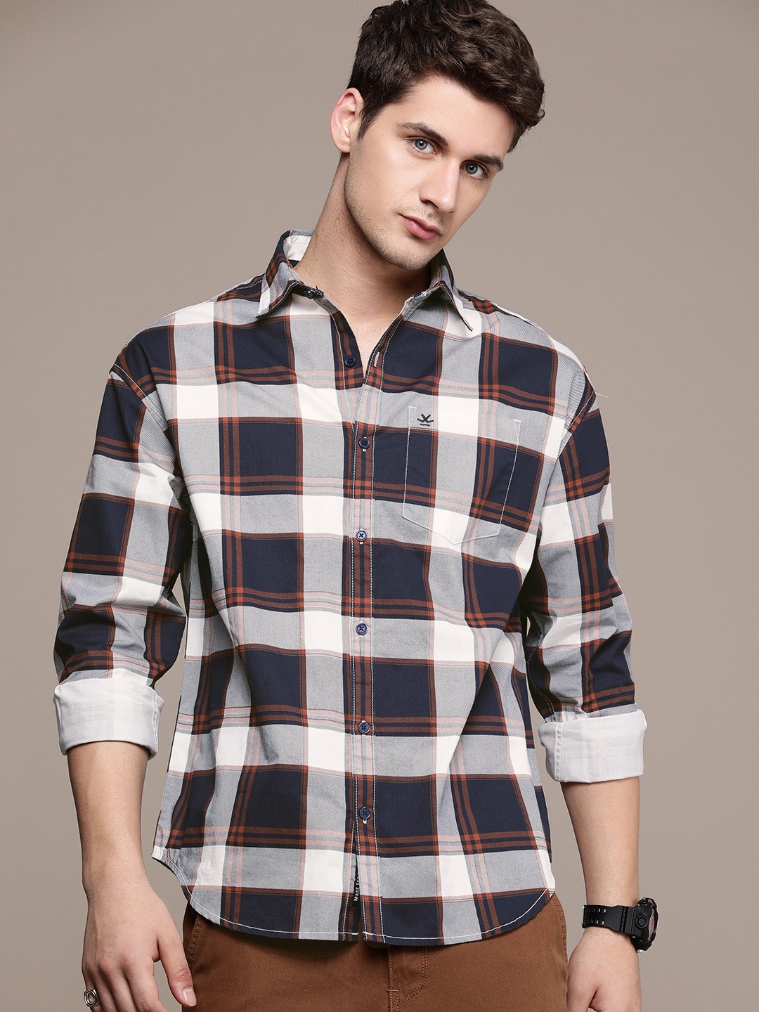 

WROGN Men Pure Cotton Boxy Tartan Checks Casual Shirt, Navy blue