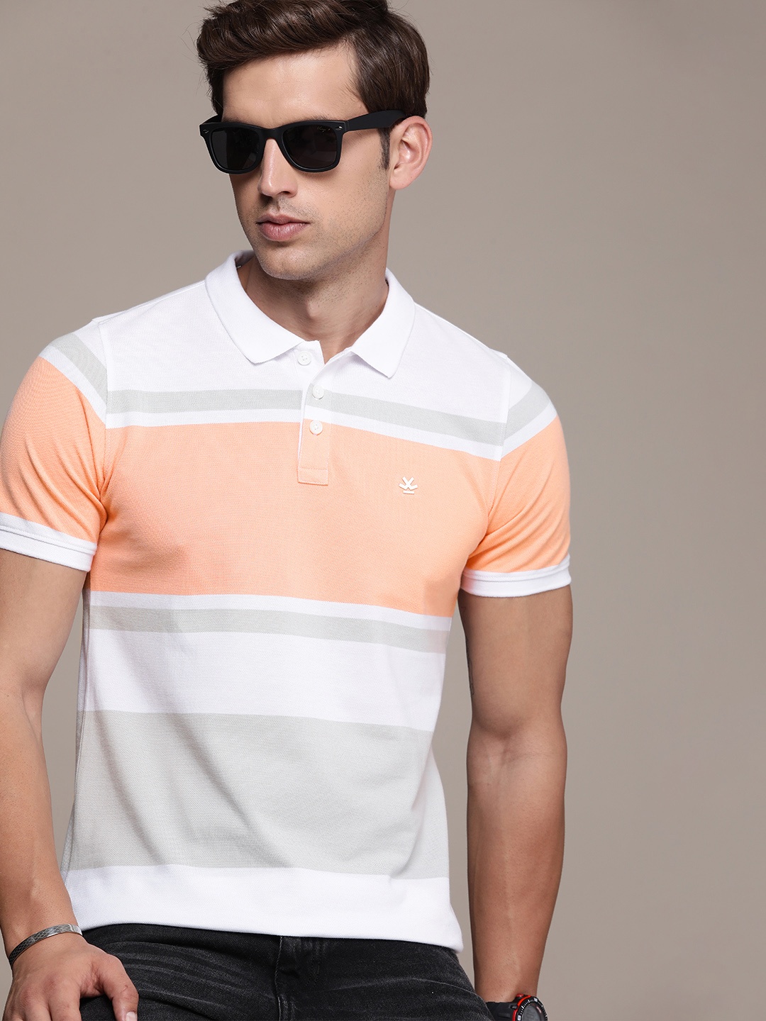 

WROGN Men Striped Polo Collar Pure Cotton T-shirt, Peach