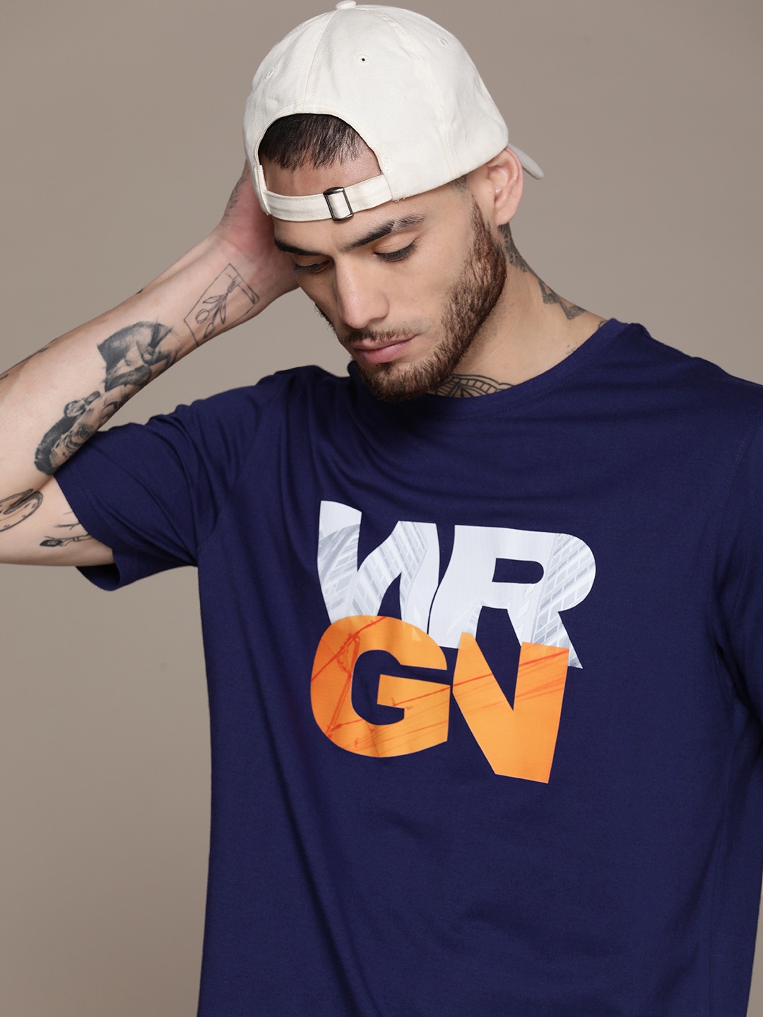 

WROGN Round Neck Regular Fit Typography Printed T-shirt, Navy blue