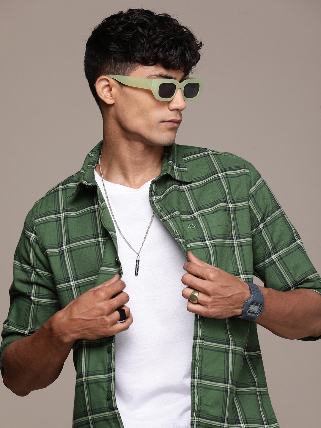 

WROGN Pure Cotton Slim Fit Tartan Checks Opaque Casual Shirt, Green