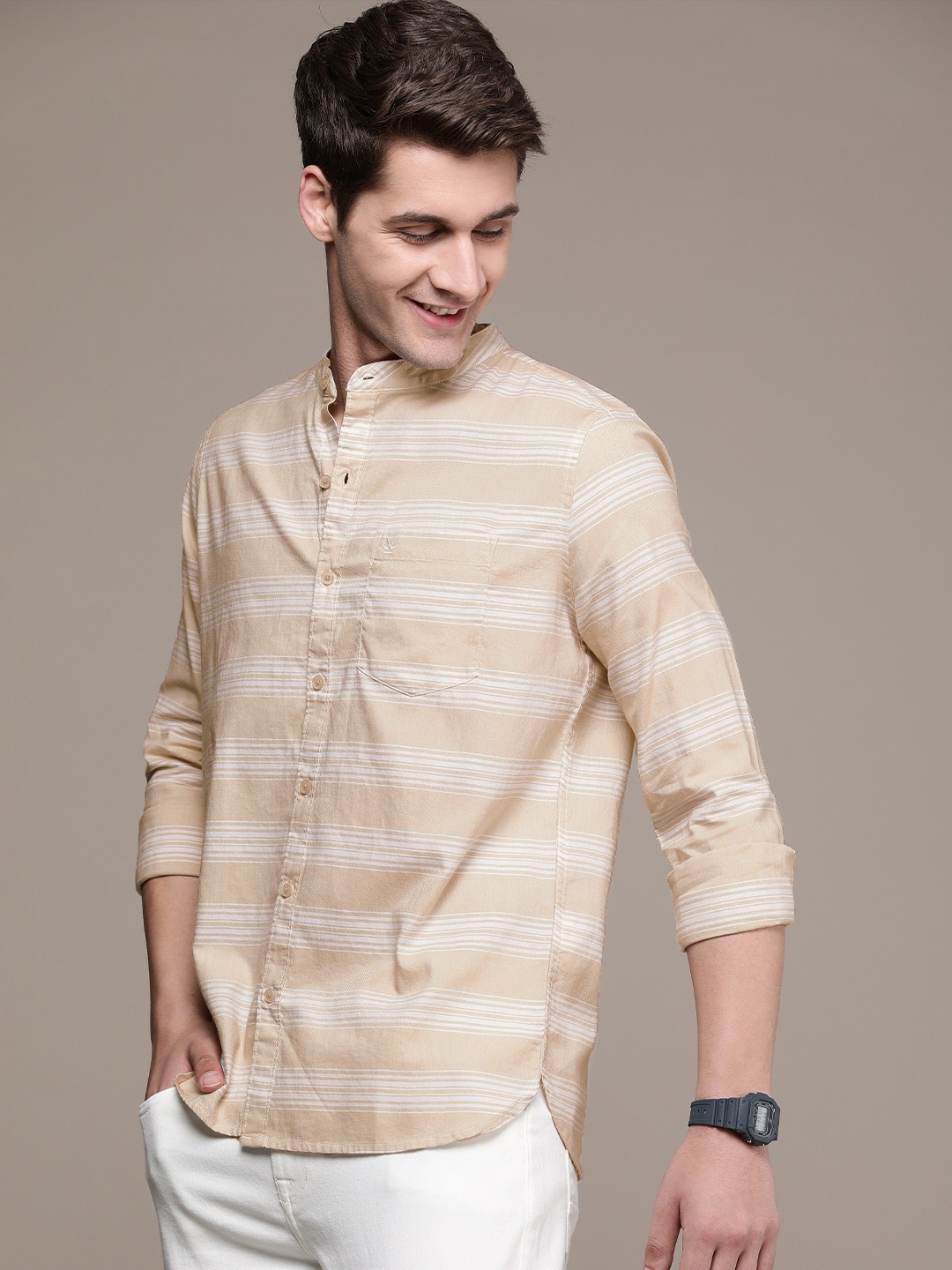 

WROGN Pure Cotton Slim Fit Striped Casual Shirt, Beige