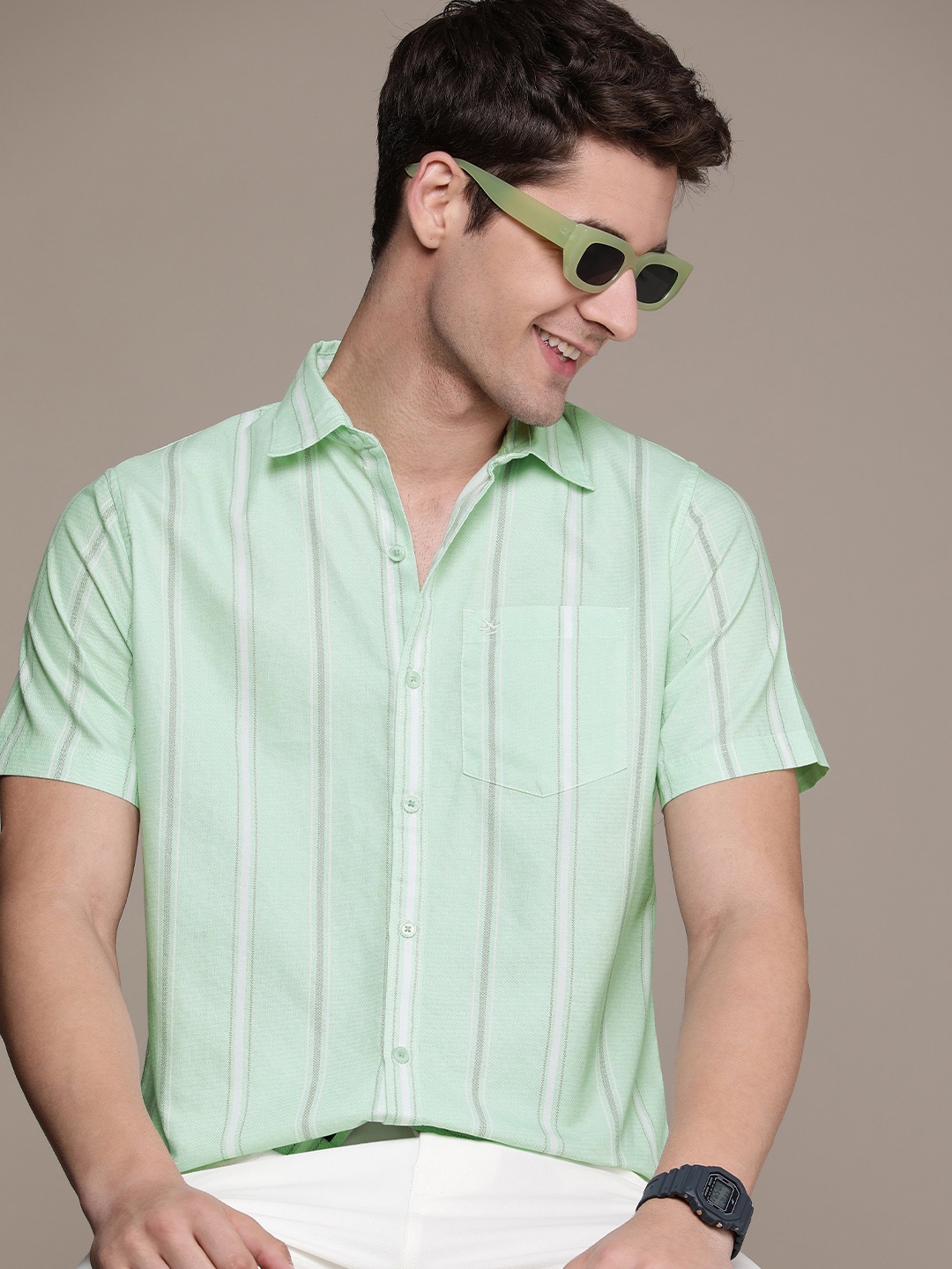 

WROGN Pure Cotton Slim Fit Striped Casual Shirt, Green