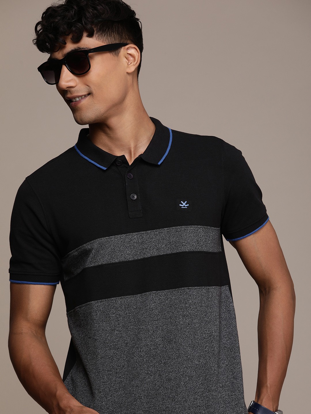 

WROGN Striped Polo Collar T-shirt, Black