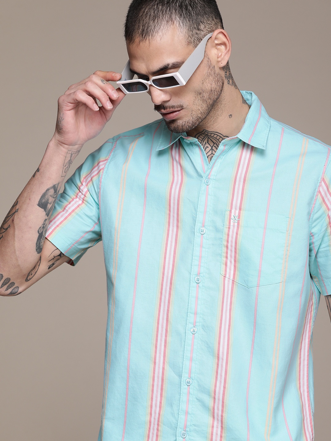 

WROGN Pure Cotton Slim Fit Opaque Striped Casual Shirt, Turquoise blue