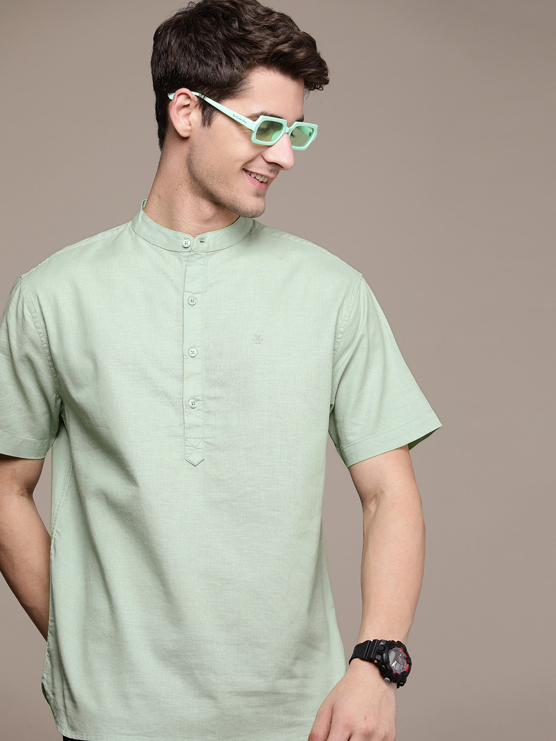 

WROGN Pure Cotton Self Design Textured Casual Shirt, Green