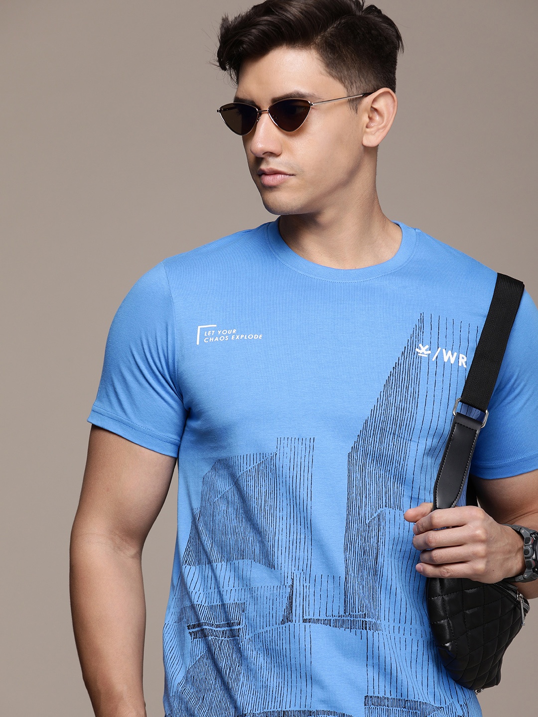 

WROGN Printed Pure Cotton Slim Fit T-shirt, Blue