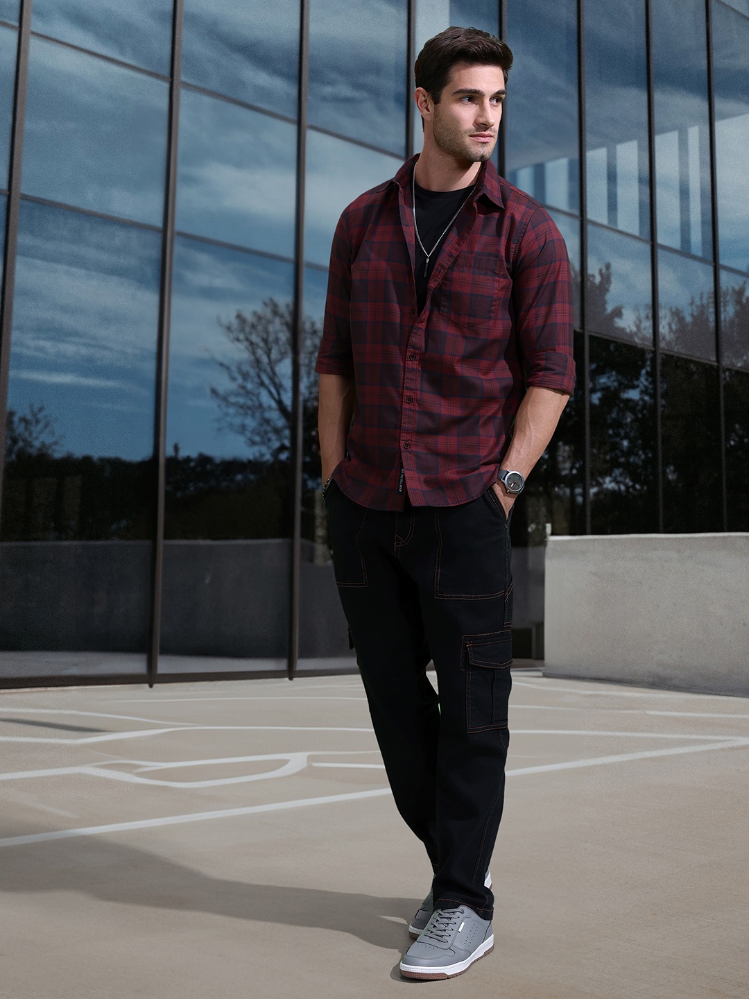 

WROGN Men Pure Cotton Slim Fit Tartan Checked Casual Shirt, Red