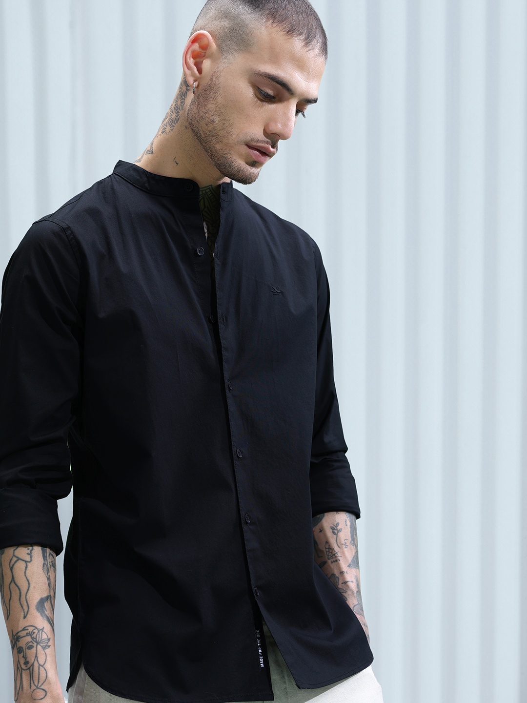 

WROGN Solid Slim Fit Band-Collar Casual Shirt, Black