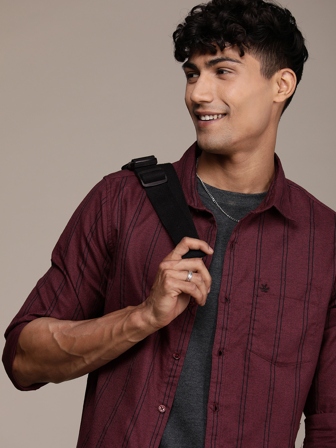 

WROGN Men Pure Cotton Striped Casual Shirt, Maroon