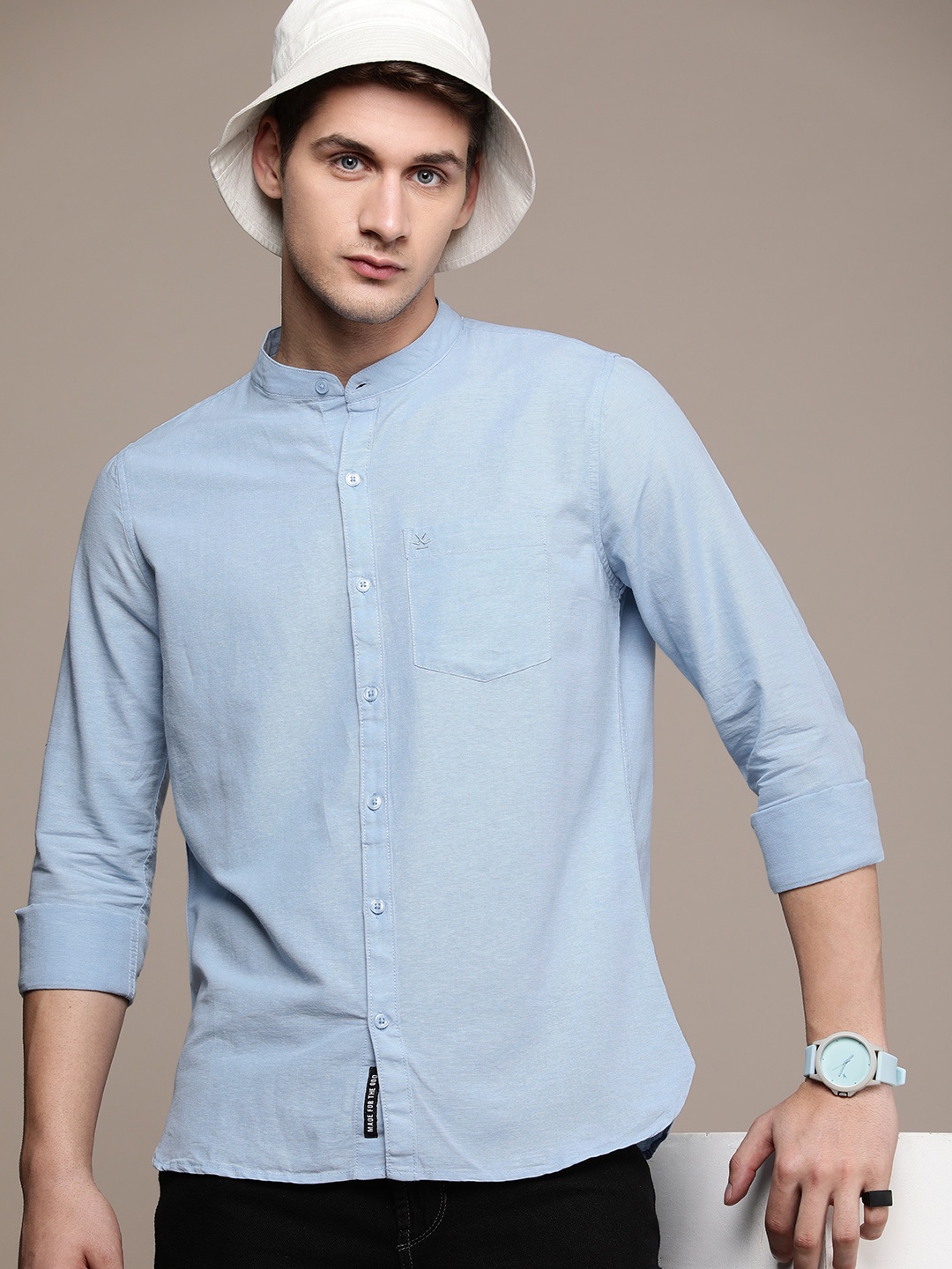 

WROGN Pure Cotton Slim Fit Casual Shirt, Blue
