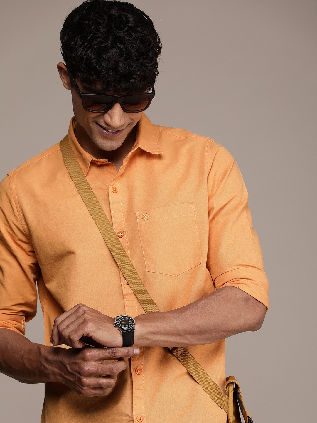

WROGN Men Pure Cotton Slim Fit Casual Shirt, Orange