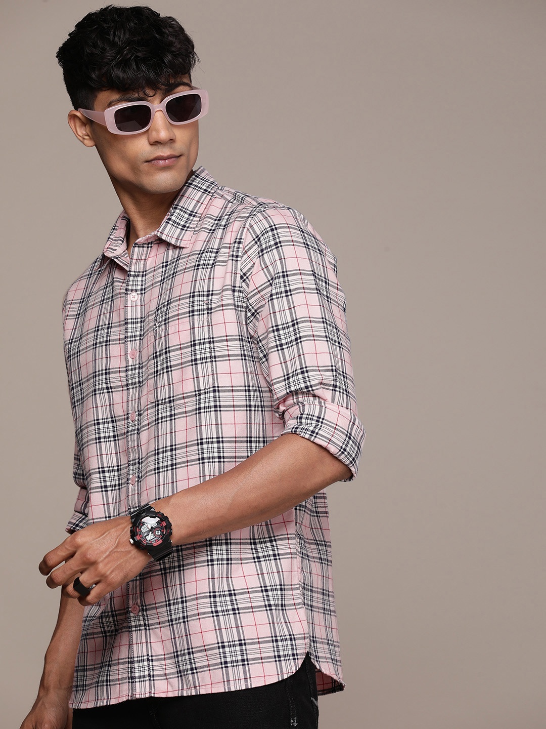 

WROGN Slim Fit Tartan Checks Opaque Casual Shirt, Pink