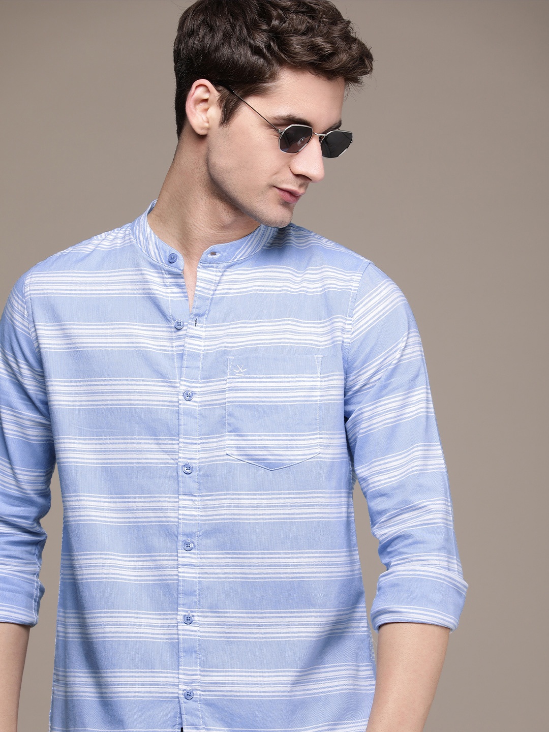 

WROGN Pure Cotton Slim Fit Striped Casual Shirt, Blue