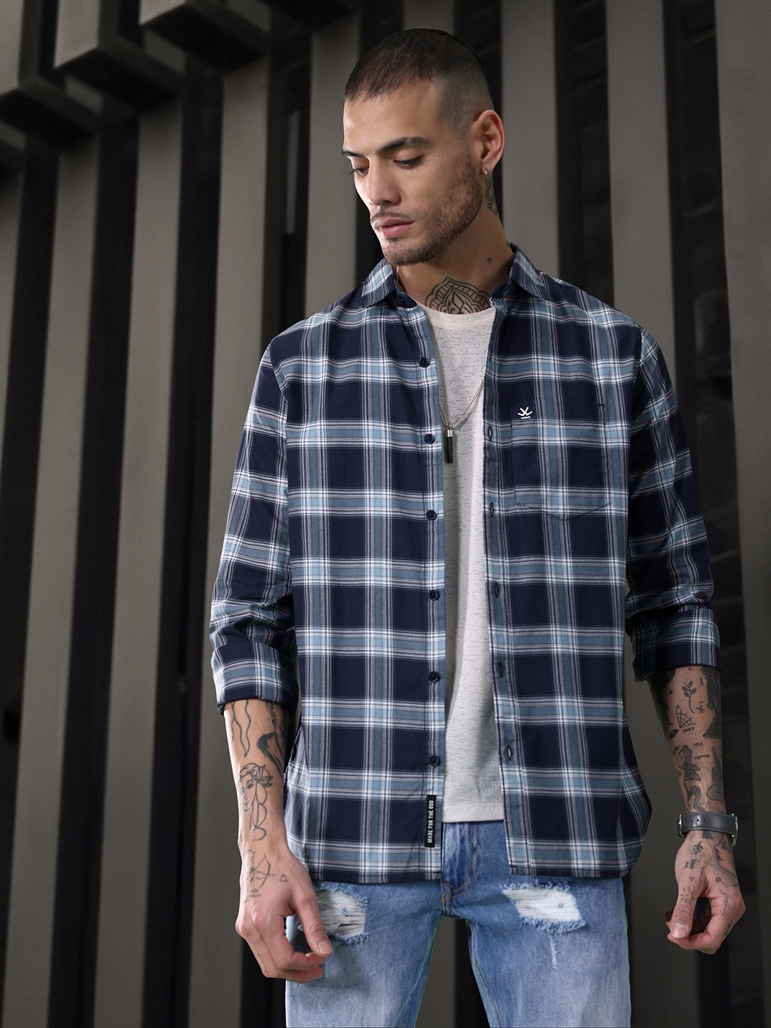 

WROGN Men Pure Cotton Tartan Checked Casual Shirt, Blue