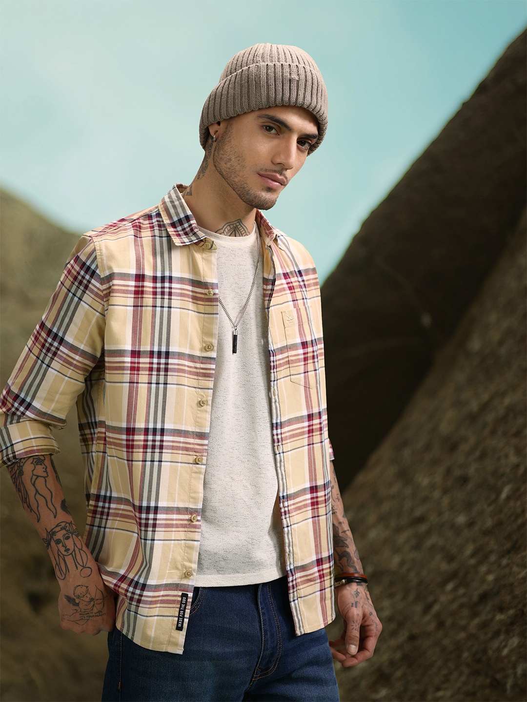 

WROGN Slim Fit Tartan Checked Pure Cotton Casual Shirt, Yellow