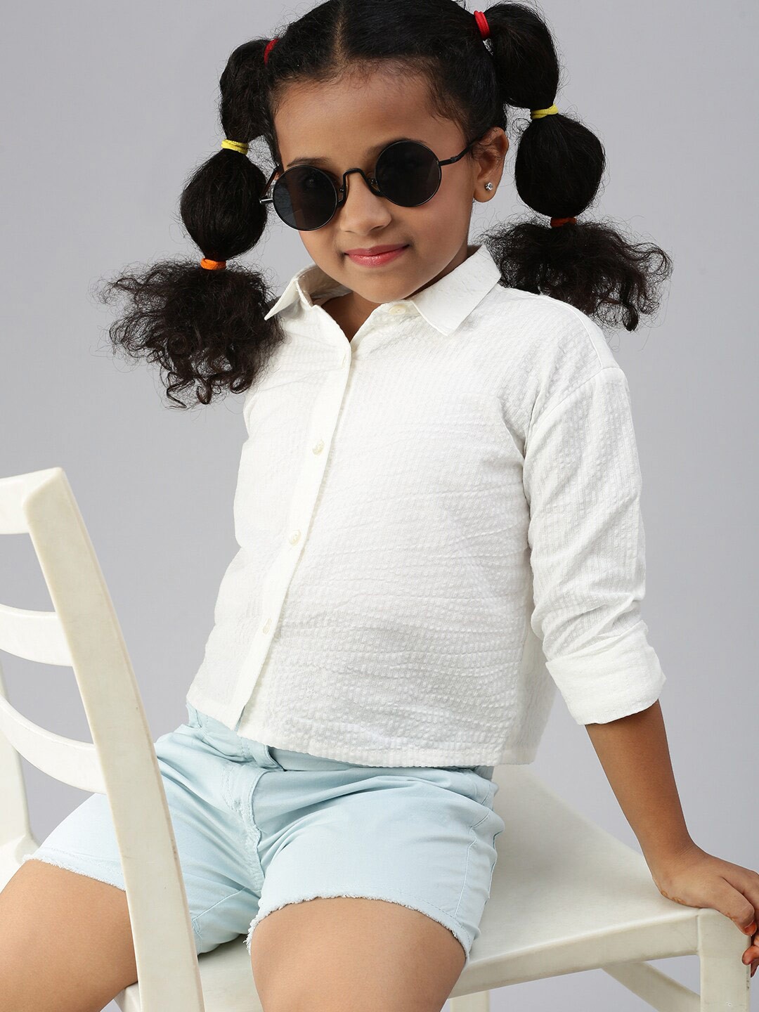 

De Moza Girls Textured Spread Collar Cotton Shirt, Cream