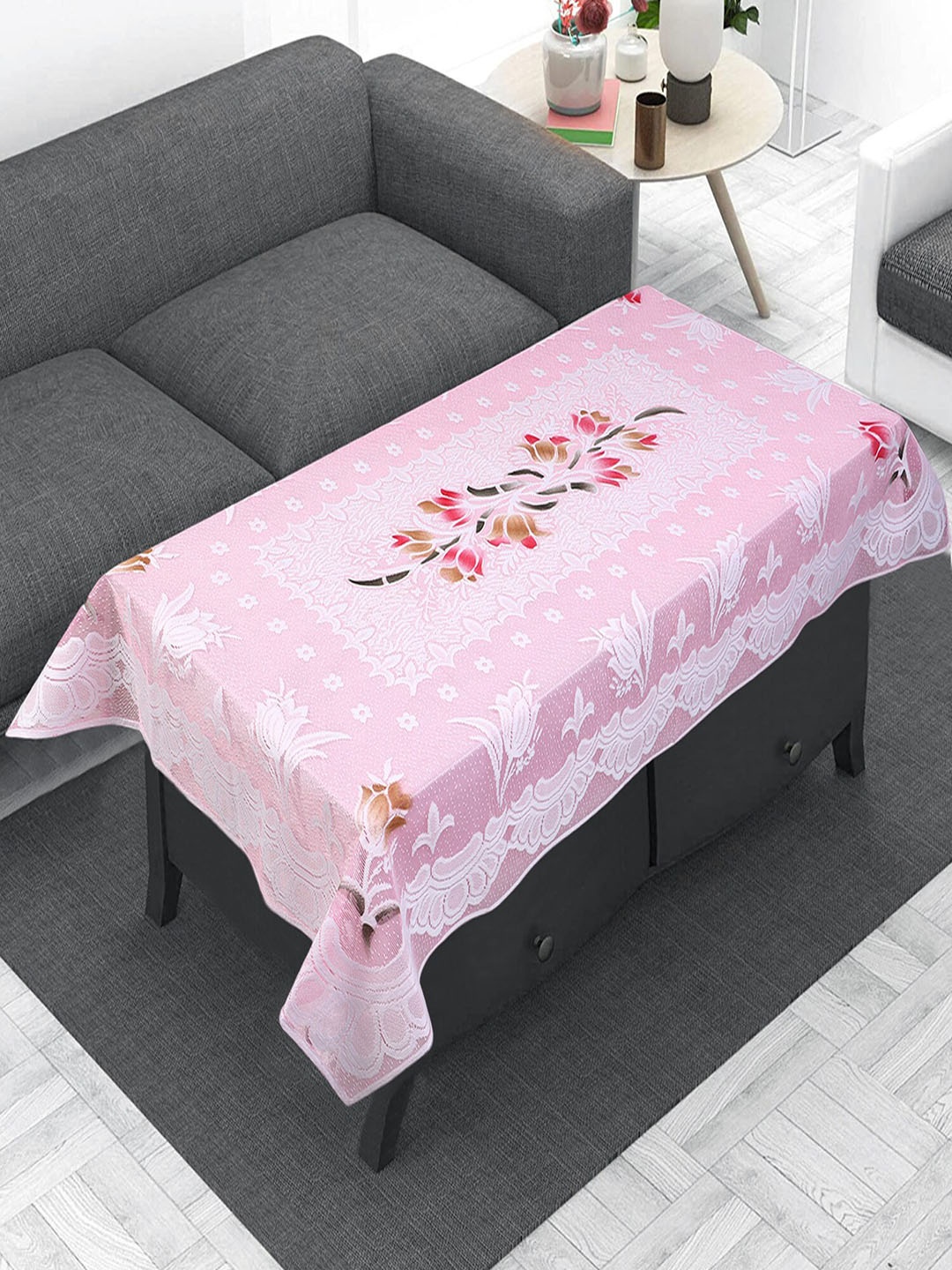 

Dakshya Industries Pink Tulip Flower Woven-Design 4-Seater Rectangle Cotton Table Cover