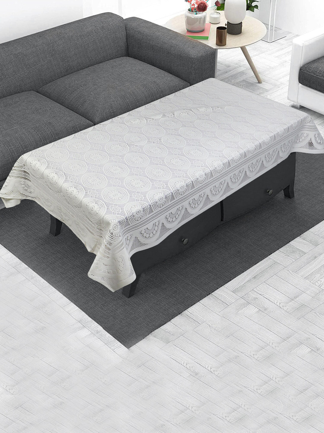 

Dakshya Industries White Gola Flower Woven-Design 4-Seater Rectangle Cotton Table Cover