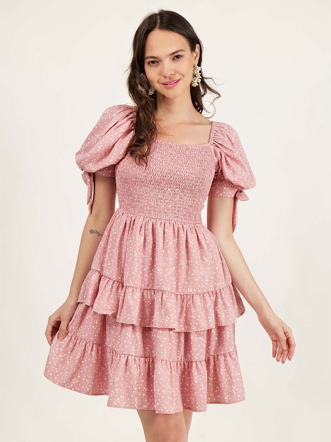

DRIRO Puff Sleeve Smocked Layered Fit & Flare Above Knee Dress, Pink