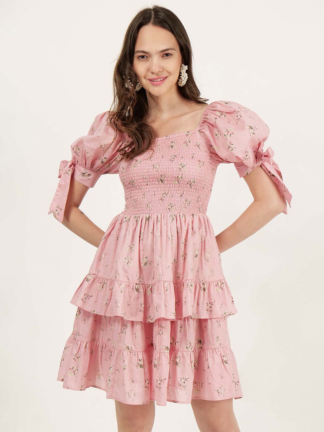 

DRIRO Floral Print Smocked Puff Sleeve Fit & Flare Pure Cotton Dress, Pink