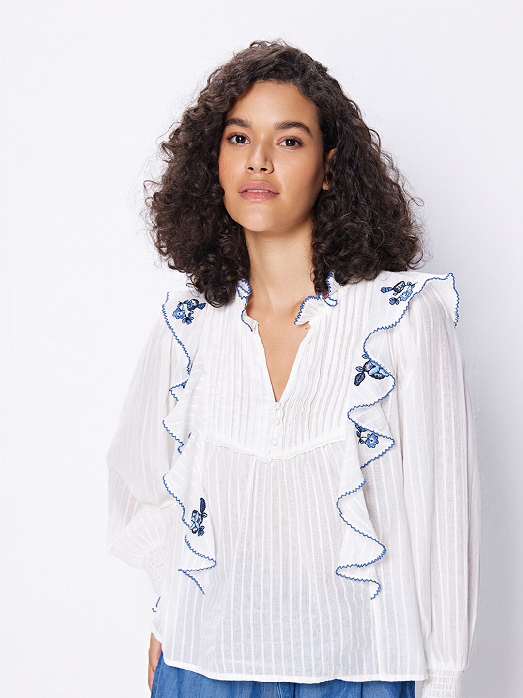 

COVER STORY Vertical Stripes Mandarin Collar Puff Sleeves Ruffles Detail Cotton Top, White