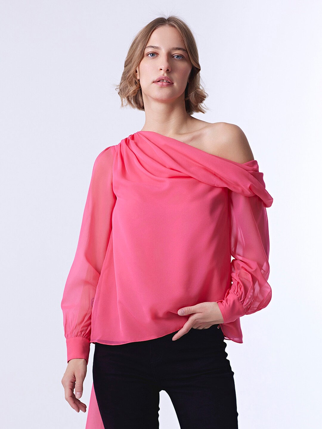 

COVER STORY One Shoulder Puff Sleeves Top, Pink