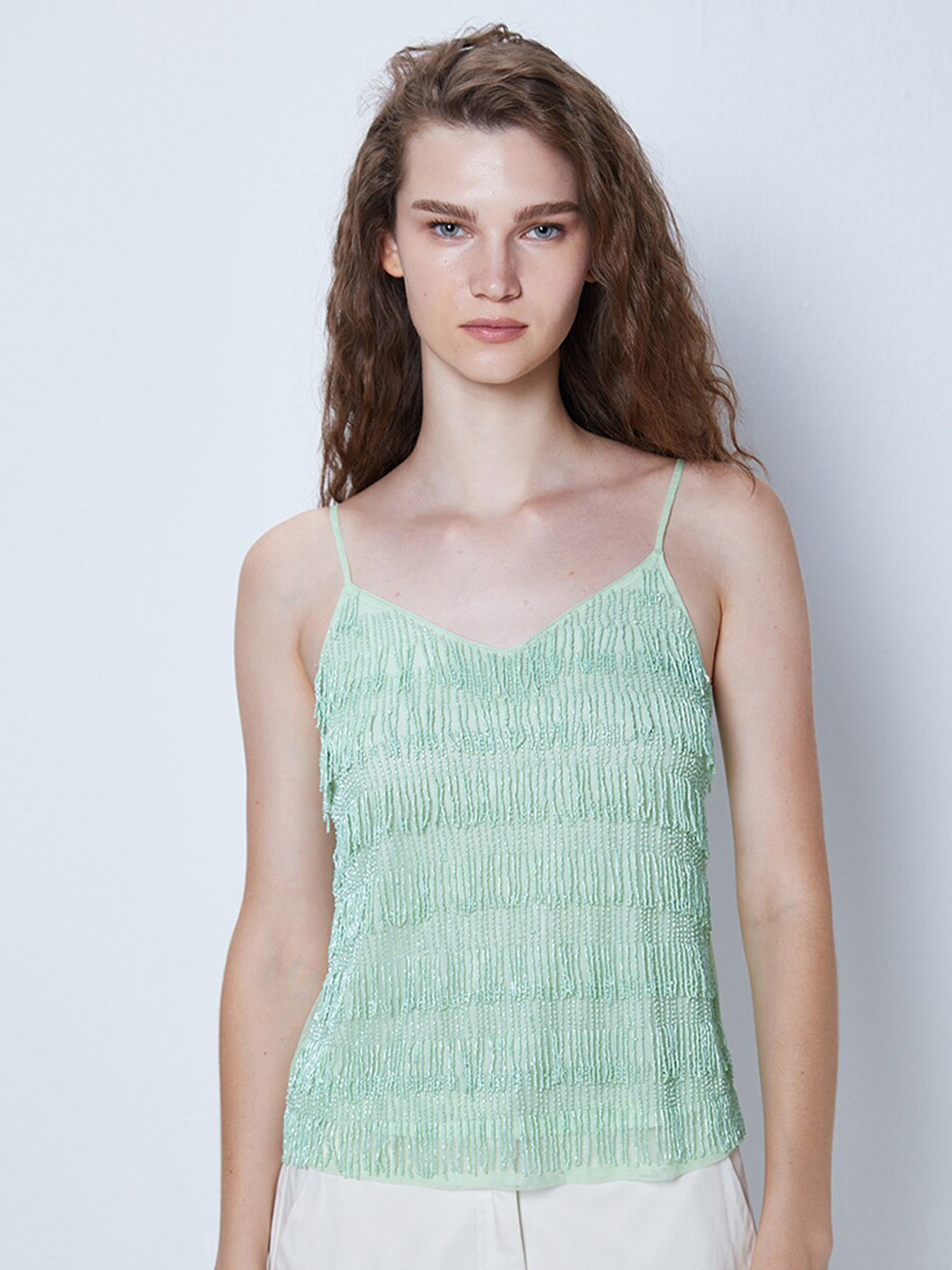 

COVER STORY Embellished Shoulder Straps Fringed Regular Top, Green